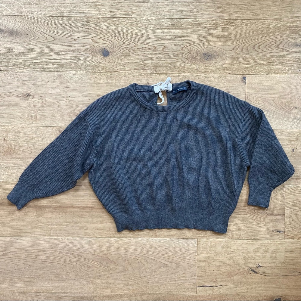 Zara Gray Ribbed Knit Bow Tie Back Oversized Long Sleeve Sweater Small